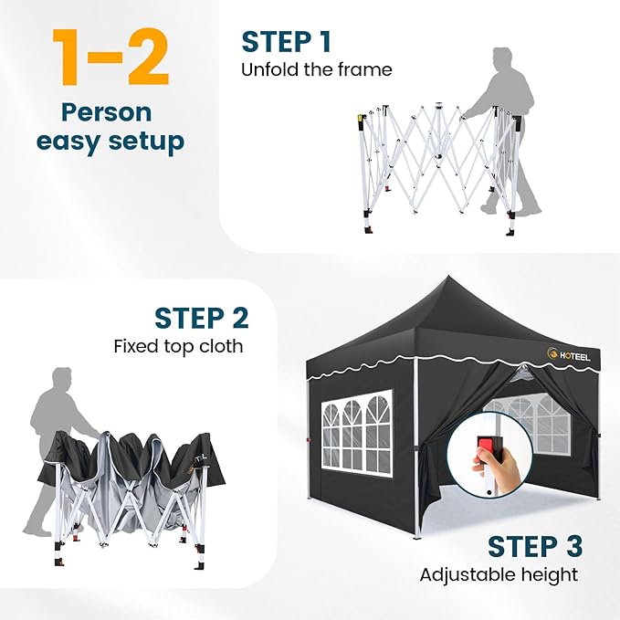 HOTEEL 10×10 Pop Up Canopy with 4 Sidewalls, UV 50+ and Waterproof 10×10 Canopy Tent, Thickened Frame, Large Space Easy Pop Up Canopy, Outdoor Canopy for Weddings, Beaches, Parties, Patio (Black)