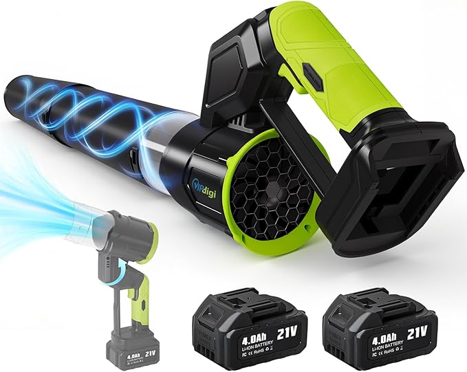 Electric Leaf Blower Cordless, 180¡Æ Rotatable, 2 Batteries & Charger, Handheld Leaf Blowers for Lawn Care, 4 Speed Mode, Portable Lightweight Grass Blower for Yard (Green-Black)