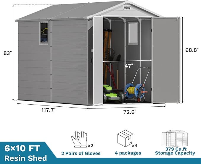 Devoko 6x10 FT Plastic Outdoor Storage Shed - Lockable Resin Tool Shed with Window & Floor - Easy Assembly for Garden, Backyard, Light Gray