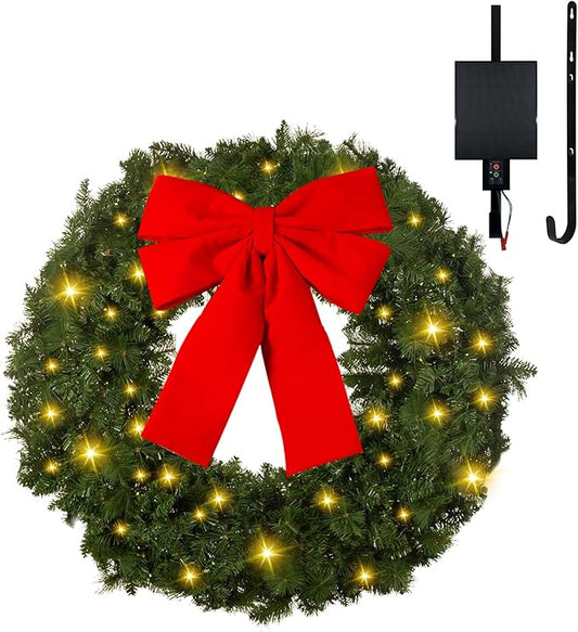 Solar 48Inch Large Christmas Wreath Pre-Lit Solar 150 Led Warm Lights Holiday Artificial Lighted Wreath Outdoor Front Door Window Wall Garage Green Red Velvet Bow Christmas Decor(4802)