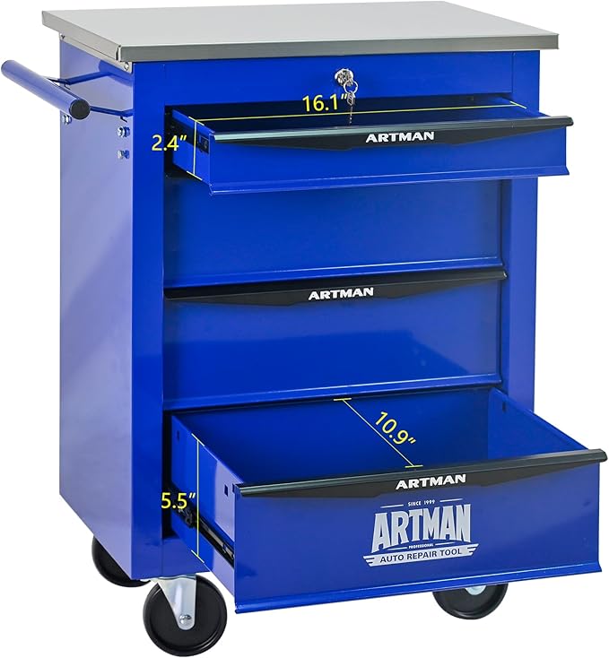 RYH 4/5/6/7 Drawers Rolling Tool Chest -Heavy Duty Mobile Metal Tool Box with Locking Wheels, with Stainless Steel Worktop, Garage Tool Storage Cabinet (Blue, 4-Drawers 30.7 H¡¿22.2 W)