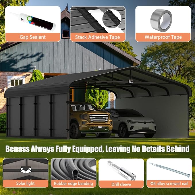 20x20 Metal Carport, Galvanized Steel Roof Car Port with Remvoable Polyethylene Sidewalls