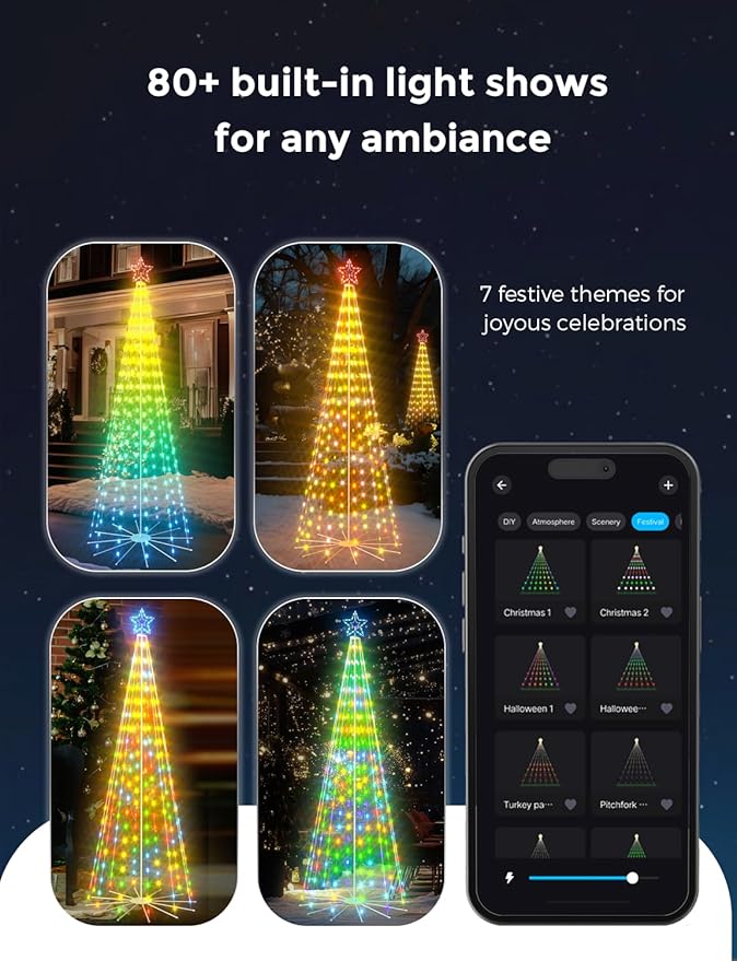 8ft Smart Outdoor Lighted Christmas Tree with Sturdy Iron Base, 16 Mil Color Changing, Music Sync, Timer, Group Control, RGB Led Christmas Decorations for Indoor Outdoor
