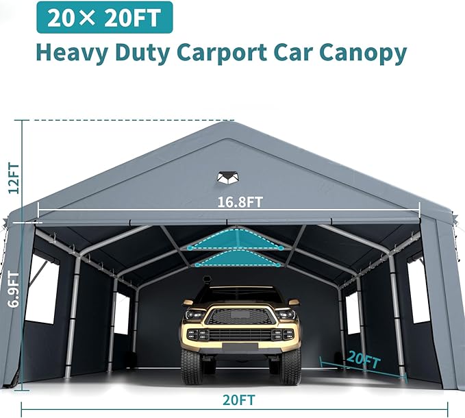 Carports 20X20 Heavy Duty,Car Port with 180G Removable Side Wall,Carport Canopy,Portable Car Port Garage,Car Shelter All Weather,Grey