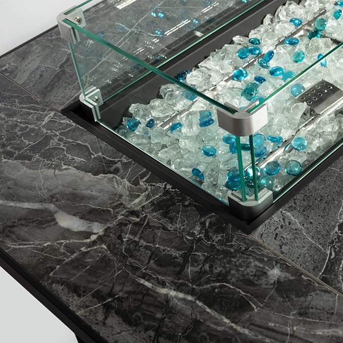 44in Outdoor Propane Gas Fire Pit Table, 50,000 BTU Auto-Ignition Gas Firepit with Glass Wind Guard, Marble Tile Tabletop, Mixed Color Glass Rocks, Brown PE Rattan¡¦