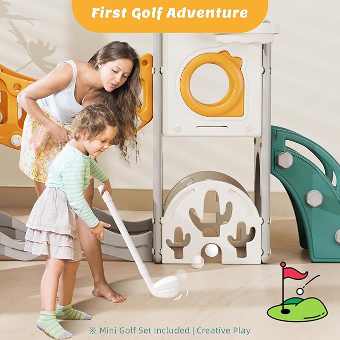 Toddler Playground Playset with Climbing Arch, Golf Set, Slide & Basketball Hoop - Outdoor Toys, Safe & Durable Plastic Garden Equipment (Green Yellow, Without Swing)