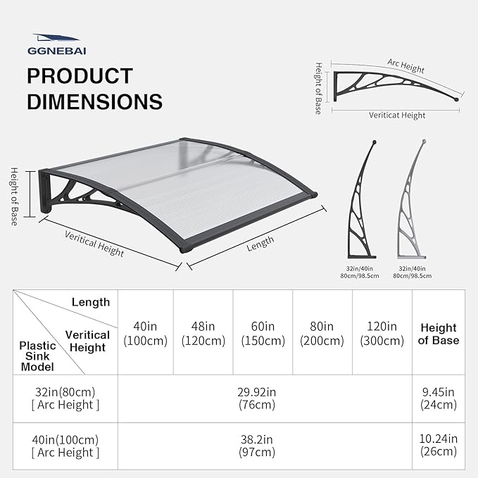 Awning for Door Entrance,40x40 Inches Window Awnings for Doors Canopy Polycarbonate Cover Patio Door Awning UV Rain Snow Sunlight Protection Hollow Shee