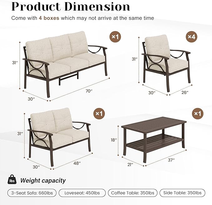 7-Pieces Outdoor Patio Furniture Set, Outdoor Metal Sectional Furniture with Cushions, Outdoor Conversation Seating Set with Coffee Table for Garden, Balcony, Deck, Backyard, Khaki