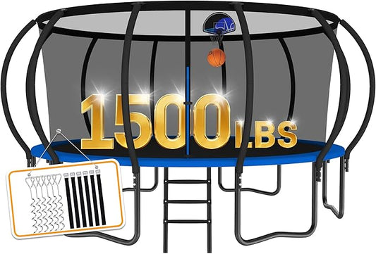 Tranpoline 1500LBS 8 10 12 14 15 16 FT Tranpoline for Kids and Adults Tranpoline with Enclosure Net, Wind Stakes, Basketball Hoop, Heavy Duty Recreational Tranpolines - ASTM Approved