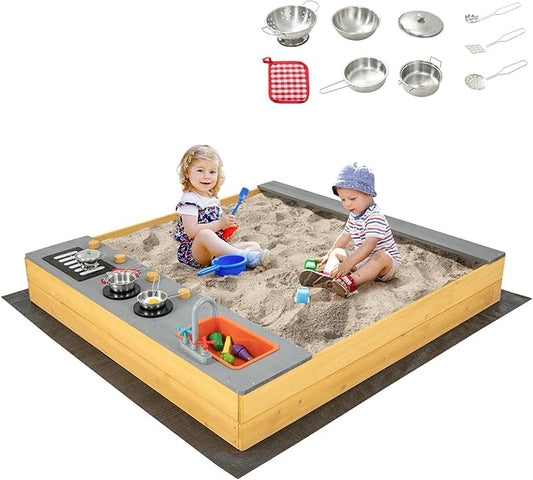 Costzon Kids Sandbox, Wooden Sand Pit w/Kitchen Playset Accessories, Water Faucet, Built-in Bench Seat & Bottom Liner, Outdoor Sand Box for Kids 3-8 Backyard Garden Bench