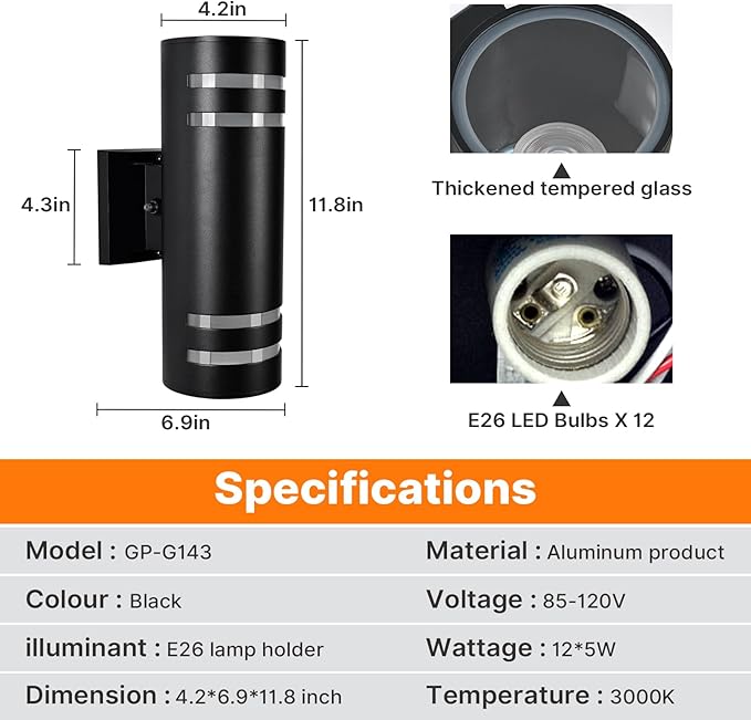 Dusk to Dawn Wall Light 6 Pack, Modern Outdoor Wall Lights with LED Bulbs, Cylinder Black Porch Light Fixture Wall Mount, Up and Down Lighting Outdoor Wall Sconce for House Porch Door