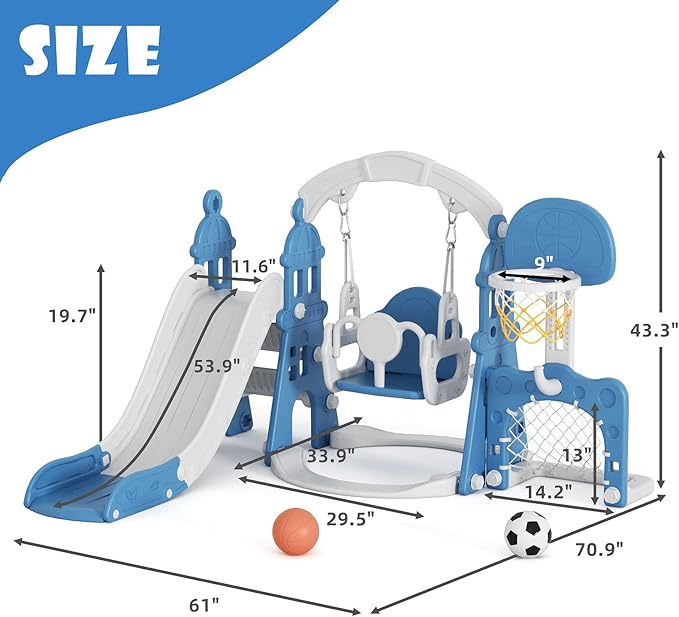 KORIMEFA 5-in-1 Kids Slide and Swing Set, Toddler Slide with Basketball Hoop, Swing, Outdoor Indoor Playground for Toddlers 1-3 (5 in 1- Blue)