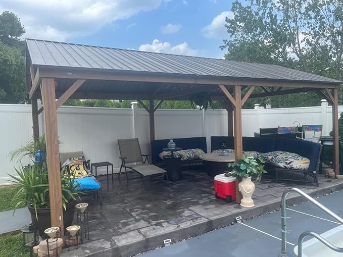 Domi 12’ x 20’ Hardtop Gazebo, Wooden Coated Aluminum Frame Canopy with Galvanized Steel Gable Roof, Outdoor Permanent Metal Pavilion for Patio, Deck and Lawn
