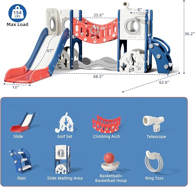 67i 9 in 1 Toddler Playground Slide Set - Monkey Bar (Climbing Arch) for Coordination, Easy Assembly, Indoor Outdoor Playset Birthday Gift with Golf/Basketball/Drawing (Red, Without Swing)