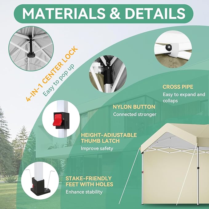 COBIZI 10x10 Pop Up Canopy with One Button Push Center Lock,Ez Up Portable Carport with 1 sidewall,Waterproof UV50+ Outdoor Party Commercial Carport Canopy Gazebos with Carry Bag(10 x 10 ft Khaki)