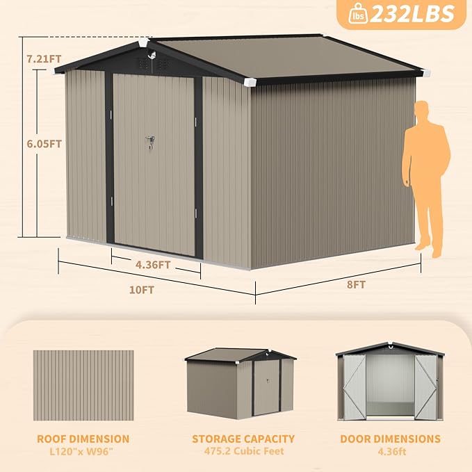 10x8 FT Outdoor Storage Shed,Metal Tool Sheds,Waterproof Outside Storage Shed,Large Storage Building with Lockable Door