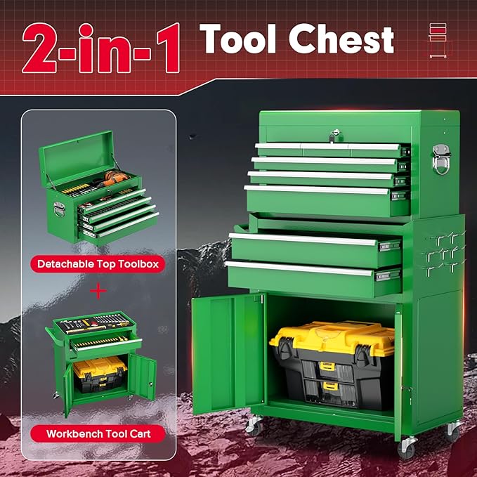 Superday Metal Tool Chest, 8 Drawer Rolling Tool Chest with Wheels, Detachable Tool Storage Cabinet with Lock for Garage, Steel Tool Cart with Liner & Hooks for Workshop, Warehouse (Green)
