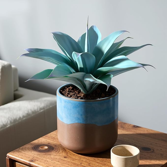 Fake Plants Artificial Agave Plants 13.8" Large UV Resistant Fake Agave Planters for Indoor and Outdoor Decorating Tropical Plant Succulents Greenery Indoor Decor (Blue) 2Pack