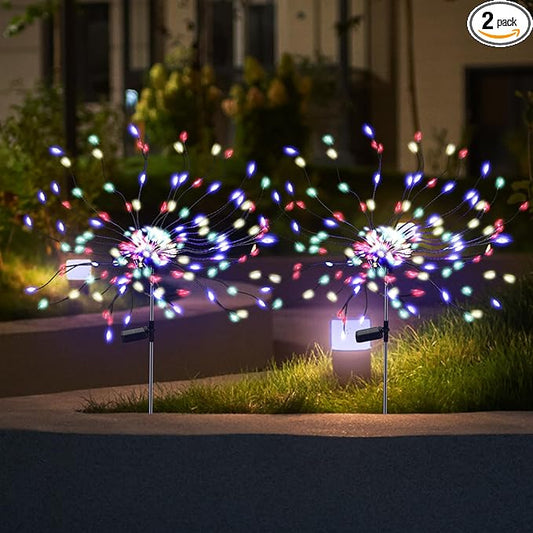 2 Pack 175 LED Solar Firework Lights Outdoor, 4th of July 2 Modes Solar Garden Light Waterproof Twinkling Light, Starburst Lights for Landscape Path Halloween Christmas Decor （Colorful）
