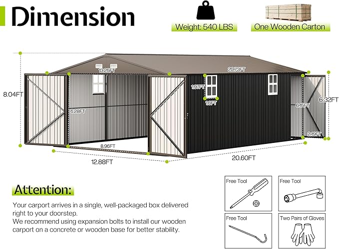 Jocisland 13.2x20.7x8.4 FT Heavy Duty Metal Carport, Car Canopy with 2 Lockable Doors & 4 Windows, All-Weather Car Shelter for Car, Boat, Truck, Equipment Storage, Dark Gray