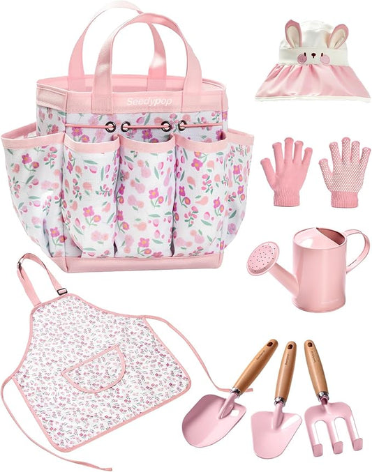 Kids Gardening Tool Set Toys - 8 Pieces Quality Garden Kit for Toddlers & Kids with Shovels, Rake, Watering Can, Hat, Apron, Gloves & Storage Bag（Pink）