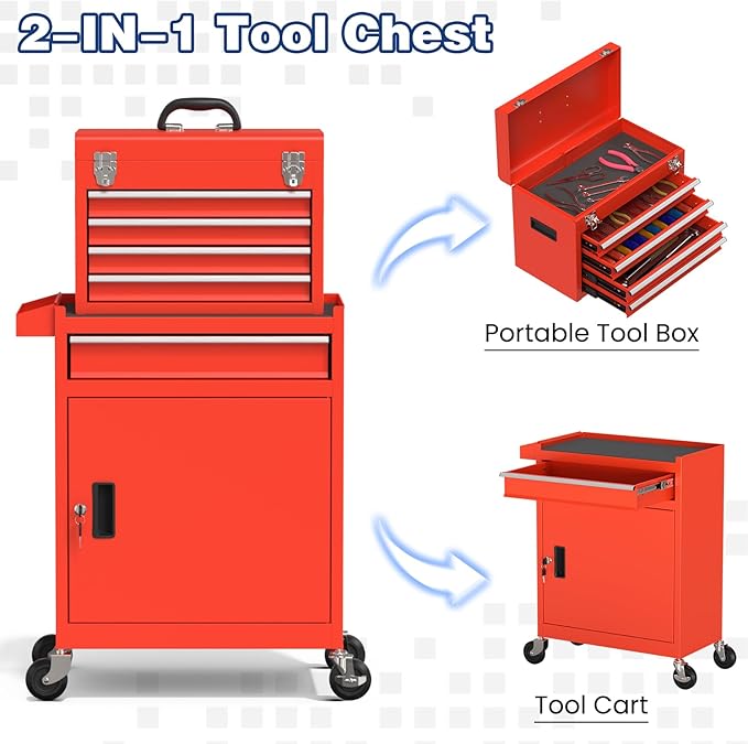 Rolling Tool Box with Wheels, 5-Drawer High Capacity Tool Chest with Wheels, Removable Storage Toolbox with Lock for Garage, Workshop (Red)