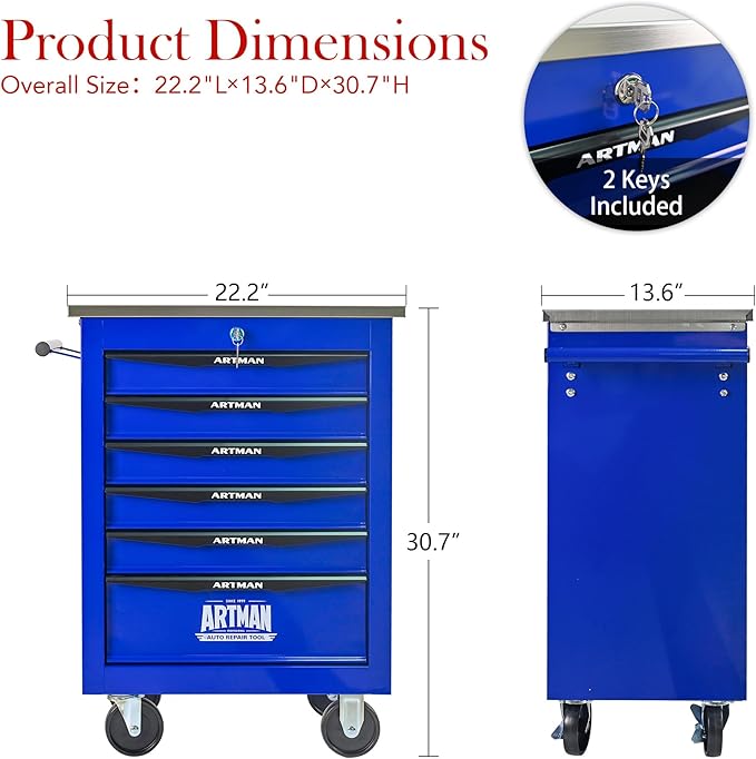 RYH 4/5/6/7 Drawers Rolling Tool Chest -Heavy Duty Mobile Metal Tool Box with Locking Wheels, with Stainless Steel Worktop, Garage Tool Storage Cabinet (Blue, 6-Drawers 30.7 H¡¿22.2 W)
