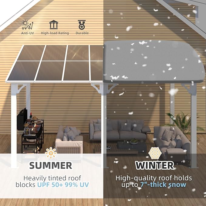 AECOJOY 14' x 8' White Gazebo Outdoor Pergola for Patio, Hard Top Lean to 8x14 Gazebo Shelter Pergolas and Gazebos Clearance with Patio Roof, Large Wall-Mounted Heavy Duty Awnings for Patio