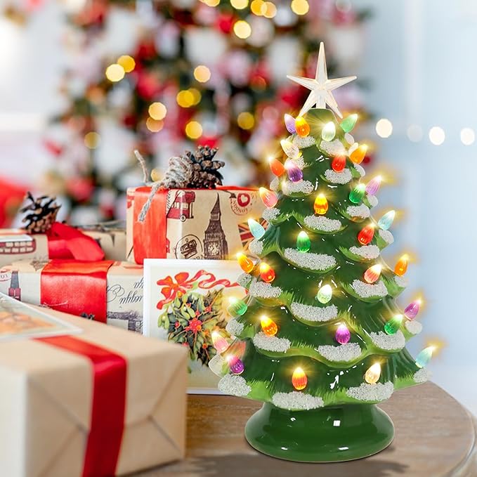 Ceramic Christmas Tree 12 Inch Tabletop Christmas Tree Vintage Christmas Decoration Battery Operated Small Green Xmas Trees with Multicolored Lights