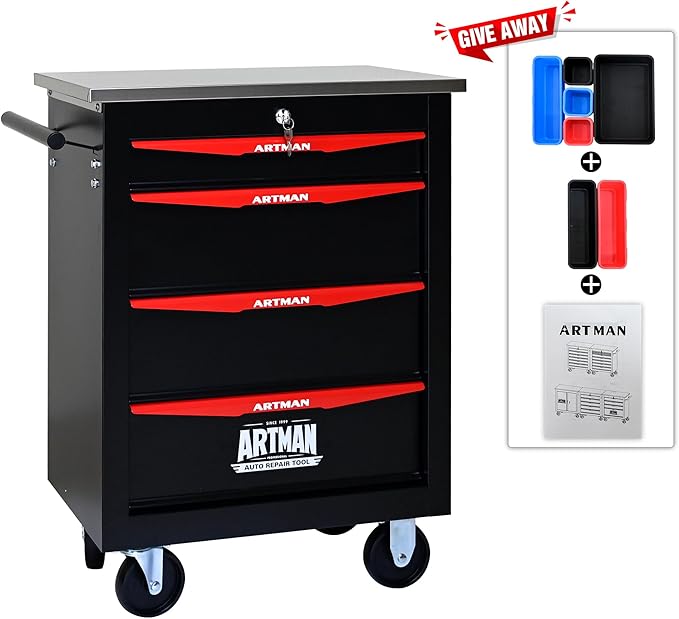 RYH 4/5/6/7 Drawers Rolling Tool Chest -Heavy Duty Mobile Metal Tool Box with Locking Wheels, with Stainless Steel Worktop, Garage Tool Storage Cabinet (Black, 4-Drawers 30.7 H¡¿22.2 W)