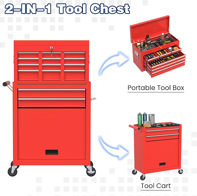 Rolling Tool Box with Wheels, 8-Drawer High Capacity Tool Chest with Wheels, Removable Storage Toolbox with Lock for Garage, Workshop (Red)