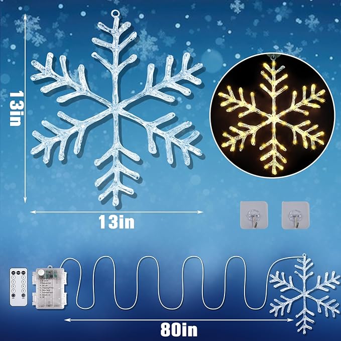 Christmas Decorations, 2 Pack Christmas Window Lights Snowflake Decorations, Snowflake Lights with 8 Lighting Modes for Holiday Indoor and Outdoor Wall Door Glass Decoration(Warm White)