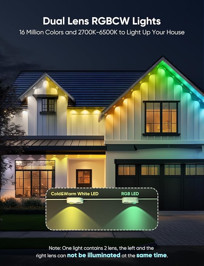 APPECK Permanent Outdoor Lights Pro 150ft, 108W RGBCW Eaves Lights with 108 LED Lights, 80lm, Cuttable, 111 Scene Modes, IP67 Waterproof Lighting for Halloween Decoration, Work with Alexa, White