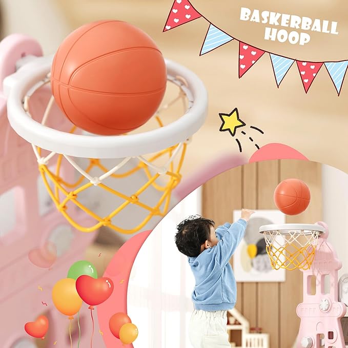 KORIMEFA 4-in-1 Kids Slide and Swing Set, Toddler Slide with Basketball Hoop, Swing, Outdoor Indoor Playground for Toddlers 1-3 (4 in 1-Pink)
