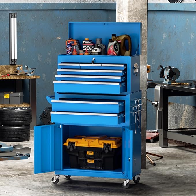 Crownland 8-Drawer Rolling Tool Chest with Wheels, Lockable 2 in 1 Detachable Tool Cabinet wit Drawers and Black Liners, Garage Top Toolbox & Bottom Storage Cart with Side Hooks(Blue)