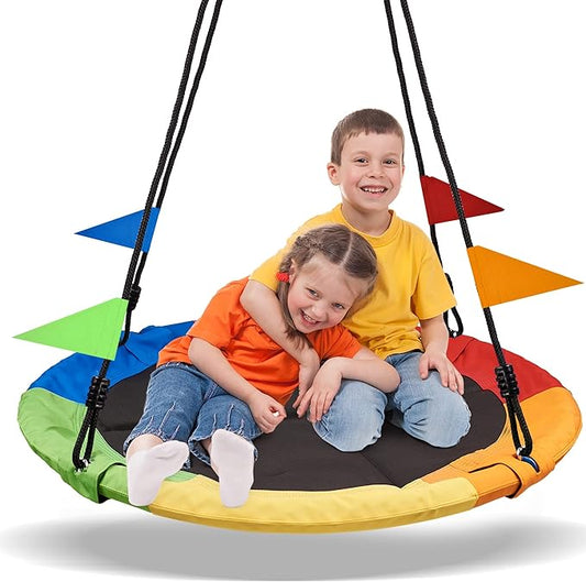PACEARTH 40 Inch Saucer Tree Swing Flying 900lb Weight Capacity 2 Added Hanging Straps Adjustable Multi-Strand Ropes Colorful Safe and Durable Swing Seat for Children