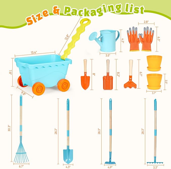 Kids Gardening Tools Set with Wheelbarrow Outdoor Educational Toy,Shovel, Rake, Watering Can,Beach,Garden,Backyard Farm Digging Toys for 3+Years Old Boys Girls Toddler Birthday Gift