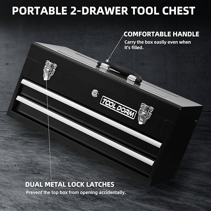 20.3¡° Metal Tool Box with Drawer Portable Steel Tool Box with EAV Liner and Latch Closure and Lock for Garage, Home and Warehouse (Black-2 Drawers)