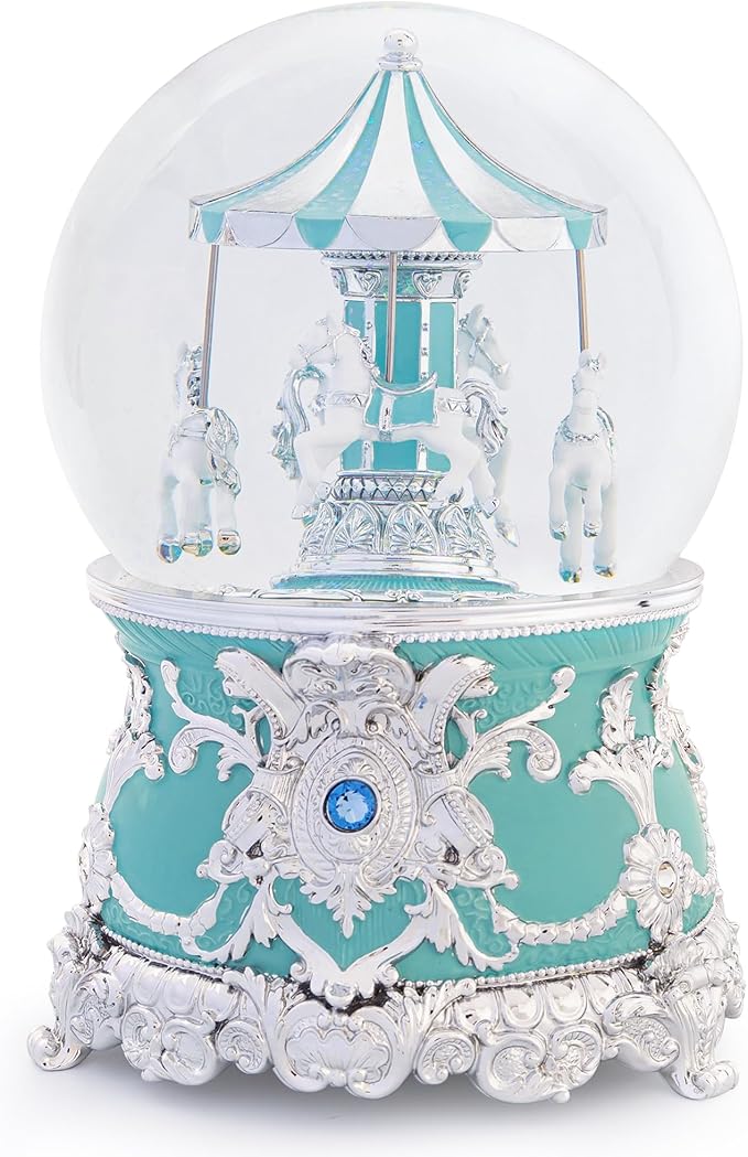 Carousel Music Box Silver Mint Christmas Snow Globes, 7.1" Glass Rotate Carousel Snow Globe for Kids & Adults, Classic Wind up Musical Snow Globe Birthday Gifts, Carousel Horse Home Decor