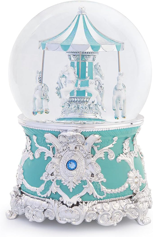 Carousel Music Box Silver Mint Christmas Snow Globes, 7.1" Glass Rotate Carousel Snow Globe for Kids & Adults, Classic Wind up Musical Snow Globe Birthday Gifts, Carousel Horse Home Decor