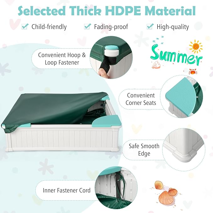 HONEY JOY 12.5 Kids Sandbox with Cover, 48 x 48 Inch Large HDPE Pit for Backyard, 4 Corner Seats & Bottom Liner, Sand Protection, All Weather Resistant Sand Boxes for Kids Outdoor (White)