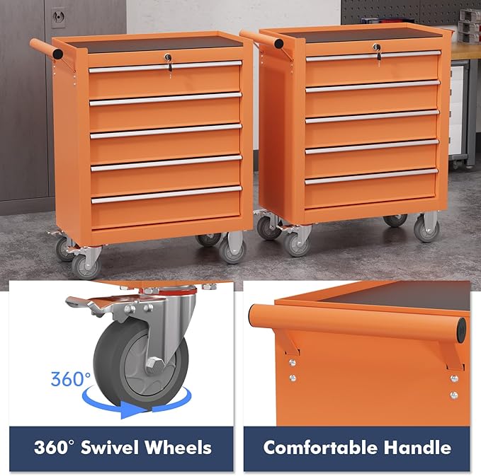 5-Drawer Tool Chest,Rolling Tool Cart with Wheels,High Capacity Tool Cabinet with Locking System for Garage, Warehouse, Workshop-Orange