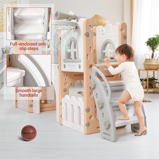 8-in-1 Toddler Slide & Climber Playset for Kids 1-3 Years, Indoor Outdoor Activity Center with Basketball Hoop, Tunnel, Telescope, Steering Wheel & Storage, Safe HDPE Backyard Fun House