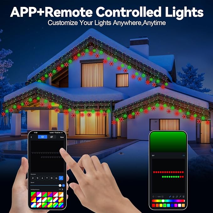 Smart Christmas Snowflake Icicle Lights, 16.4FT 192 LED 16 Drops, APP Remote Control Plug in 16 Million Colors, Curtain Lights Connectable, Xmas Decorations with Timer & Music Sync for Indoor Outdoor