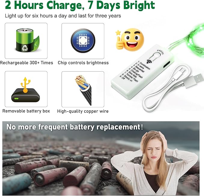 ZSJWL 6 Pack Rechargeable Fairy Lights with Remote & DIY Timer, 7Ft 20LED Mini Battery String Light, Twinkle Silver Copper Wire Lights for Wedding Party Bedroom Christmas Table Decoration (Green)