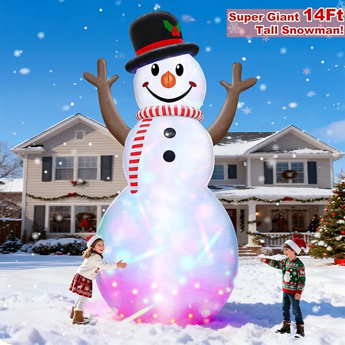 14 Ft Huge Christmas Inflatable Snowman with Rotating Colorful Lights Hat & Scarf Christmas Decorations Outdoor with Build-in LED Lights Xmas Blow Up Yard Decor for Lawn Garden Holiday
