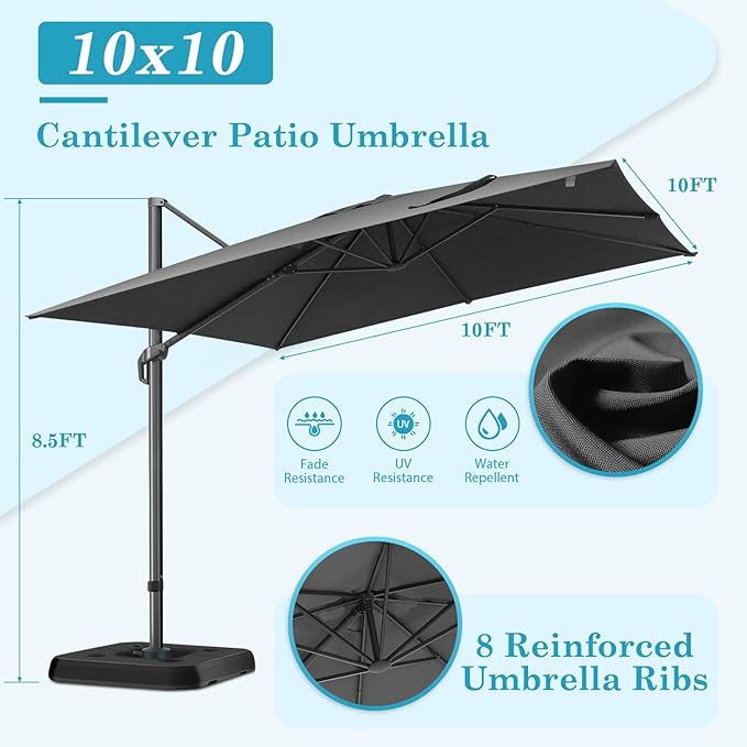 HOTEEL10x10ft Patio Umbrella Cantilever Umbrellas - Upgrade and Intensify - 360 Rotation and 5 Angles Adjustment - Aluminum Offset Pool Umbrella Outdoor Umbrellas for Patio Garden Pool