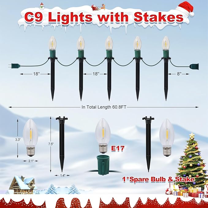 60Ft C9 Led Christmas Pathway Lights Outdoor, 40 Warm White Bulbs Waterproof Connectable Extra Long Christmas Walkway Lights for Large Driveway, Yard, Lawn