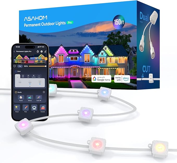 ASAHOM Permanent Outdoor Light Pro S108C, 150FT with 108 RGBCW 70lm LED, WLED Integration, AI Lighting, 30000 Lighting Effect Combination, IP67 Waterproof for Christmas New Year Daily Decor, White