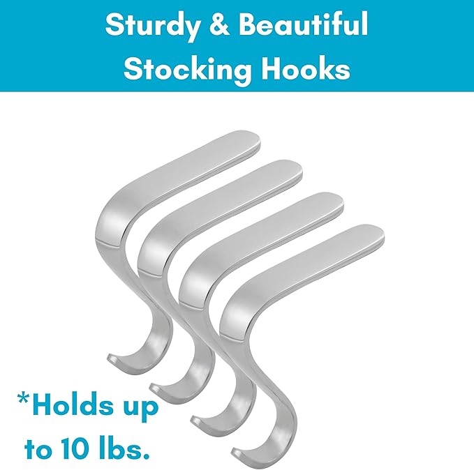 BIRDROCK HOME Christmas Stocking Mantel Hooks - Metal Fireplace Hanger with Non-Slip Pads - Holds Up to 10 lbs - Ideal for Hanging Stockings, Garland & Holiday Decor - 4 Pack, Scroll Design (Silver)